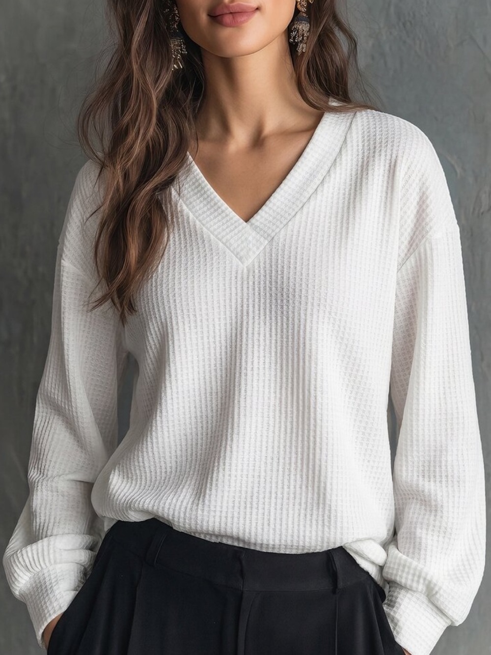 White  V-Neck Women's Long Sleeve Top